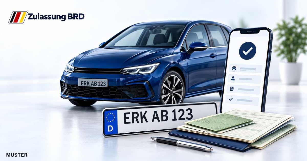Online Fahrzeugzulassung in Erkelenz: Musterkennzeichen ERK AB 123, Auto und Fahrzeugpapiere und Smartphone. Illustration mit Logo von Zulassung BRD.